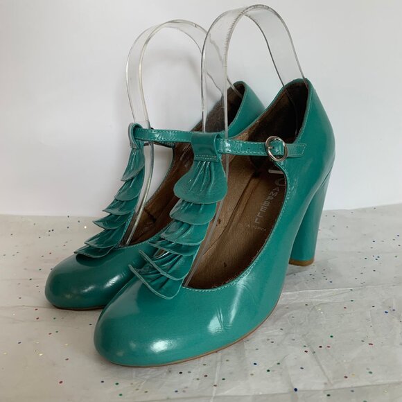 Jeffrey Campbell Y2K Frill Teal Blue Green Ruffle T strap Retro Inspired Pump 7 - Picture 5 of 10